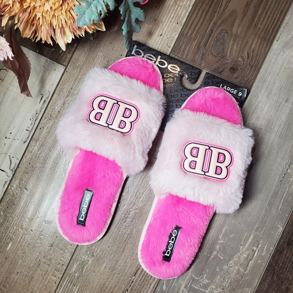 NWT Bebe Pink Fuzzy Women's Memory Foam Slippers Large Size 9 - Picture 2 of 16